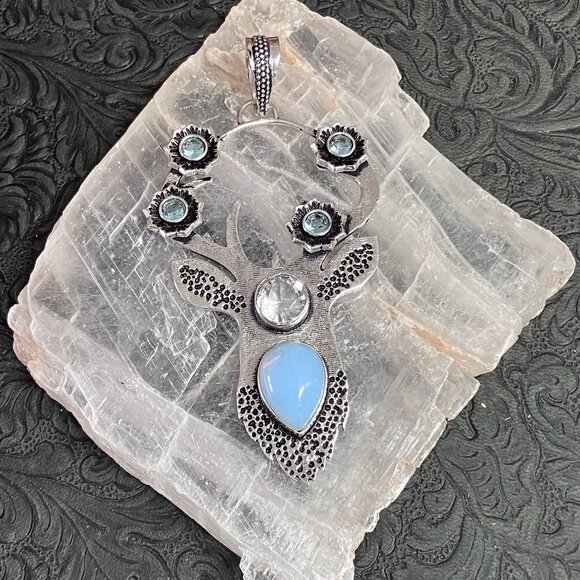 Opalite and Topaz Deer Stag Buck Spirit Animal Fairycore Witchy Pendant Ornament - Picture 4 of 5